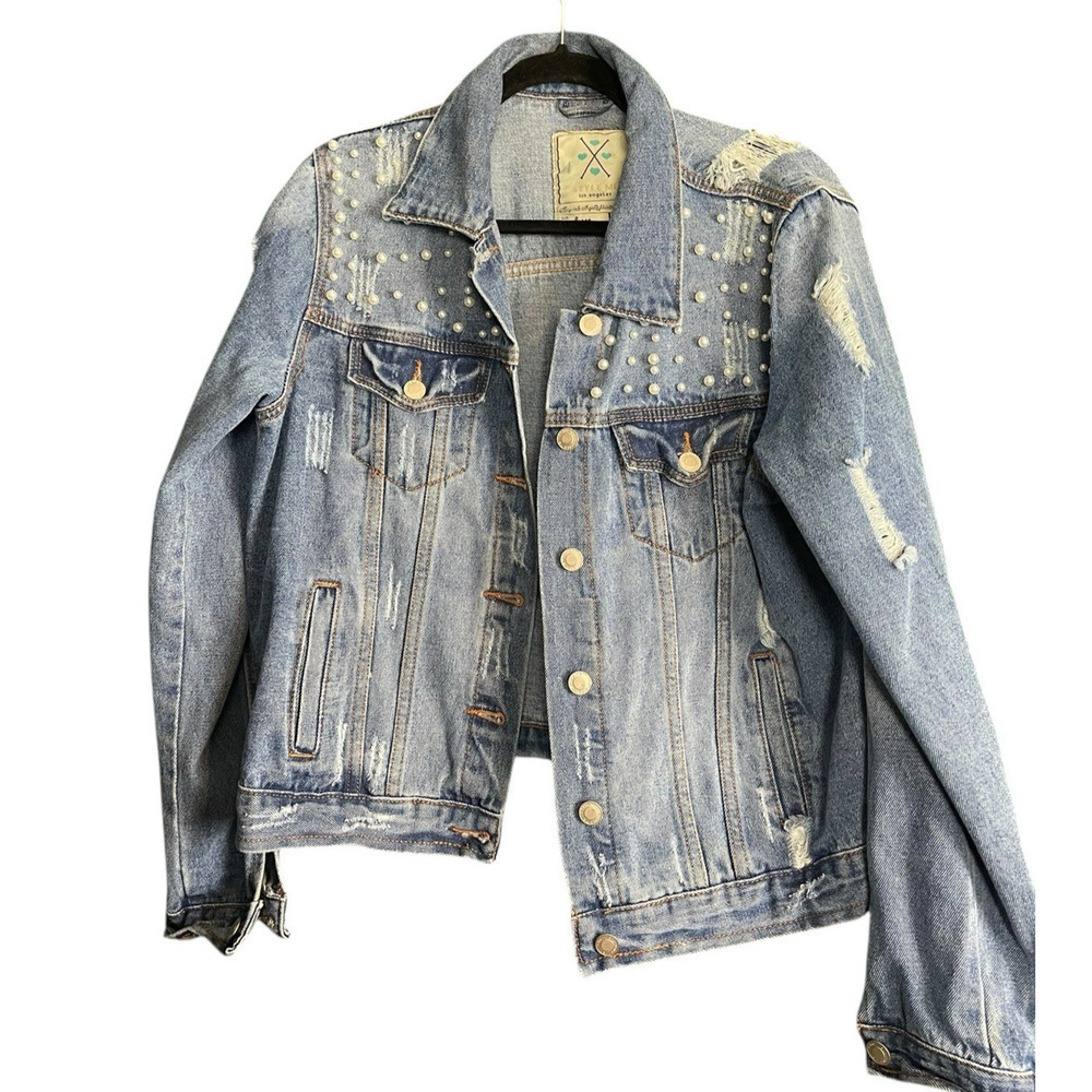Style Me Los Angeles Pearls Embellished Denim Jacket Women’s Large Distressed